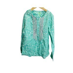 Arizona Jeans Co Girls Shirt Blouse XL 14/16 Teal Bird Print Long Sleeved Boho